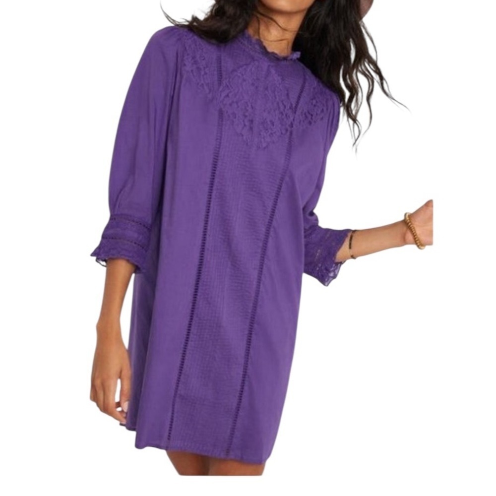 NEW Farm Rio Anthropologie Dasha Purple Embroidered Crochet Mini Tunic Dress